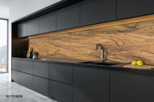 Panoramic,Black,And,Wooden,Kitchen,Interior,With,Dark,Gray,Countertops.
